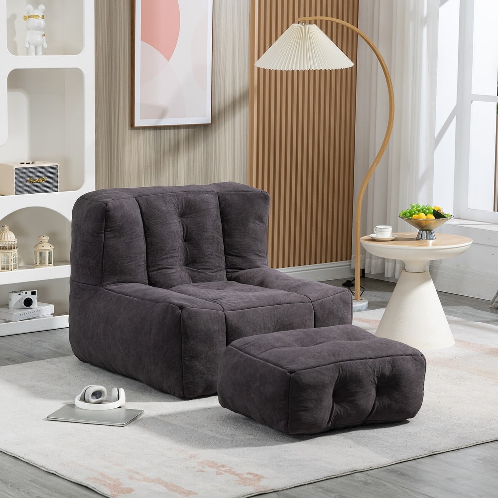 Velvet Floor Bean Bag Lounge Recliner Chair & Ottoman Set