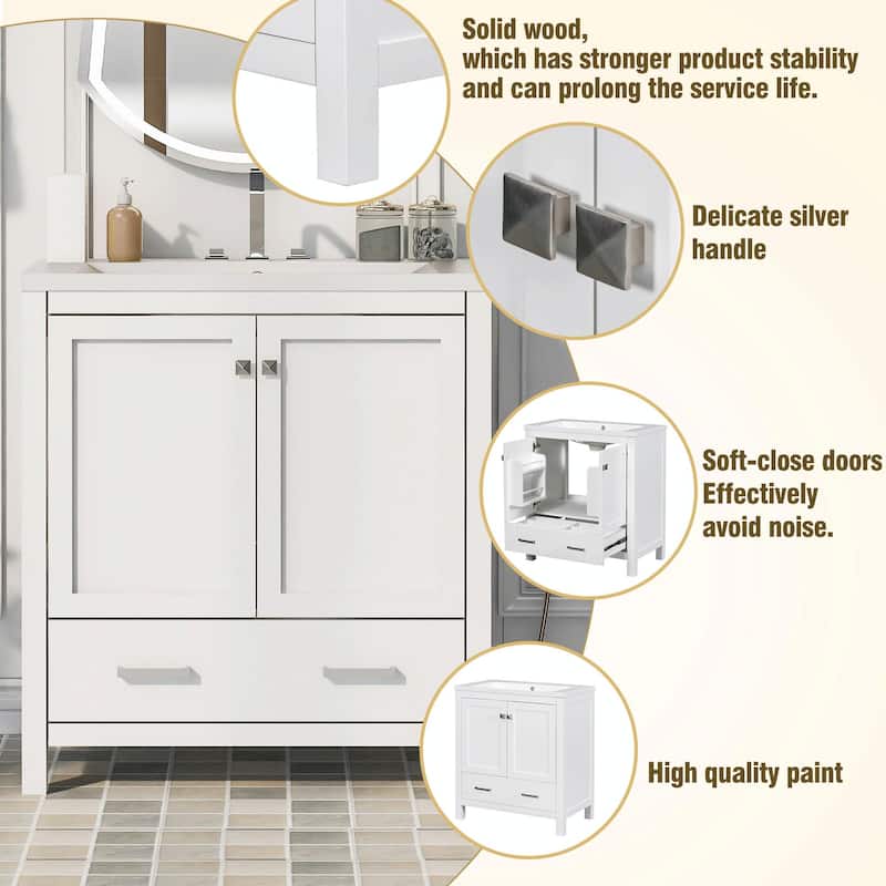 30" White Bathroom Vanity with Single Sink, 2 Doors, and Drawer
