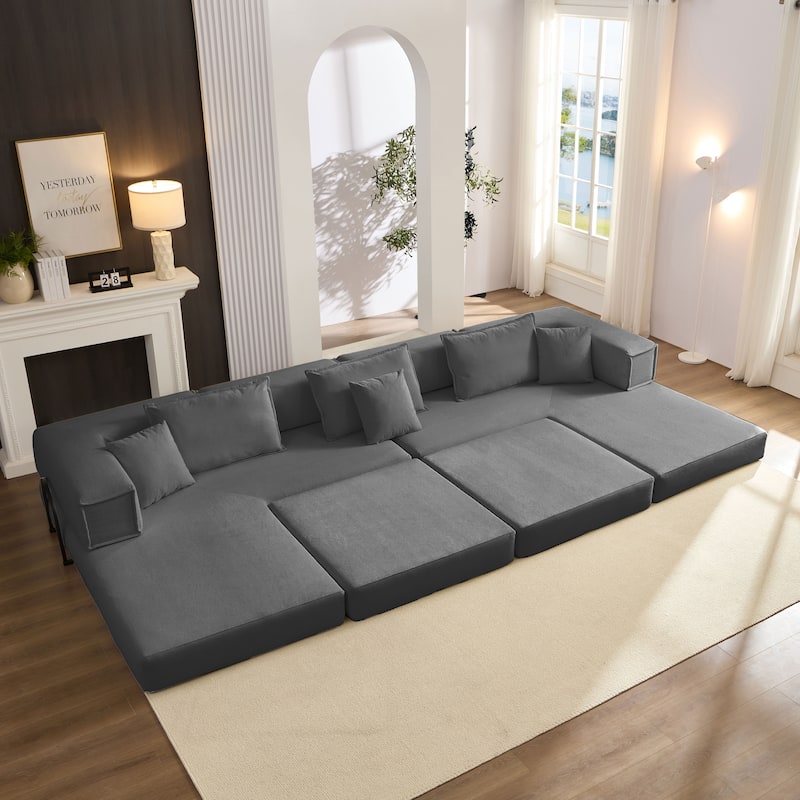 DIY Modular Corduroy L-Shaped Floor Sofa Set with 6 Pillows
