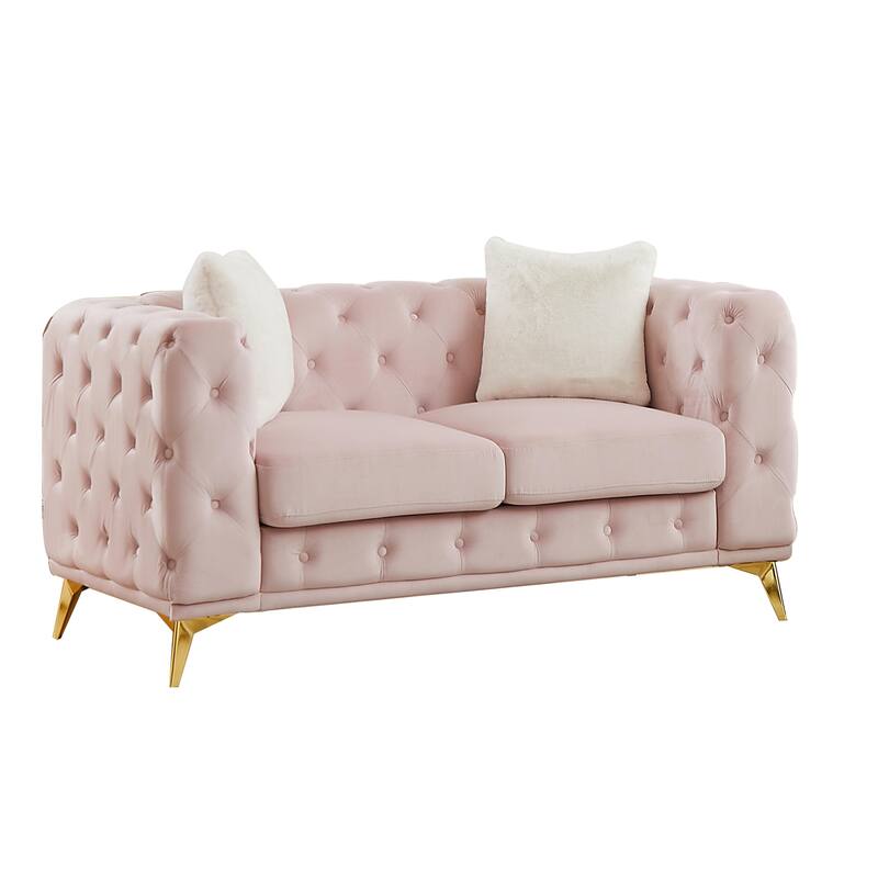 Velvet Chesterfield Loveseat Sofa, Tufted Button Upholstered 2 Seater Sofa, Lounge Sofa Chair with 2 Pillows & Metal Legs