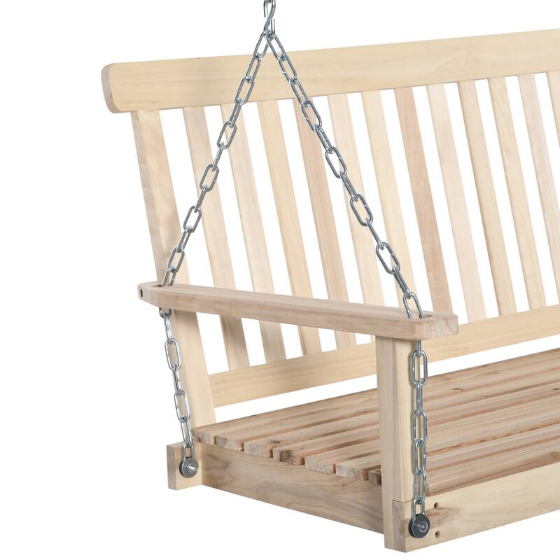 Outdoor Wooden 2-Person Seat Porch Swing Chair with Adjustable Hanging Bench, Slatted Design Hanging Chair