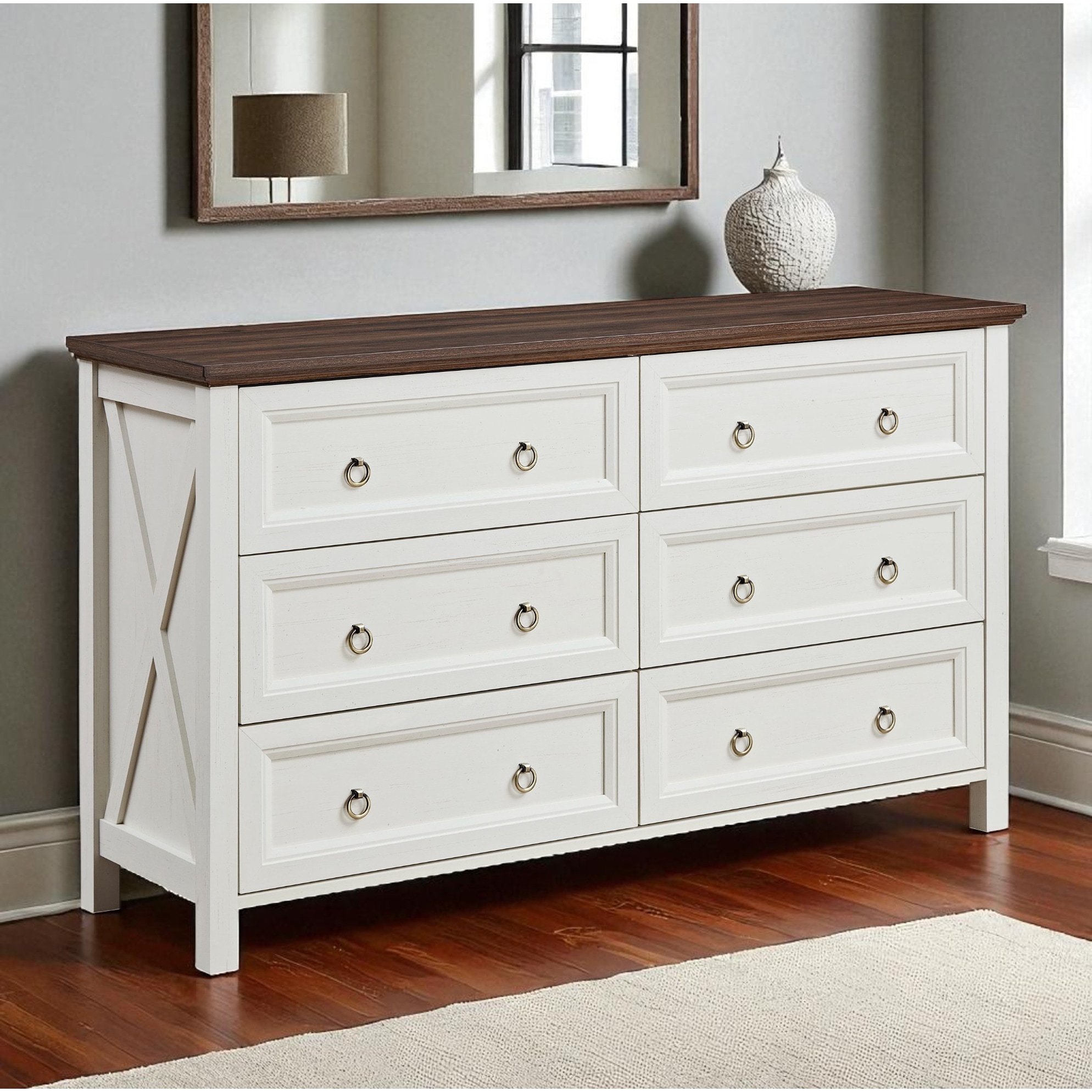 Farmhouse Dresser Sideboard Buffet with 6 Drawers, Rustic Wooden Storage Cabinet Organizer for Living Room, Entryway.