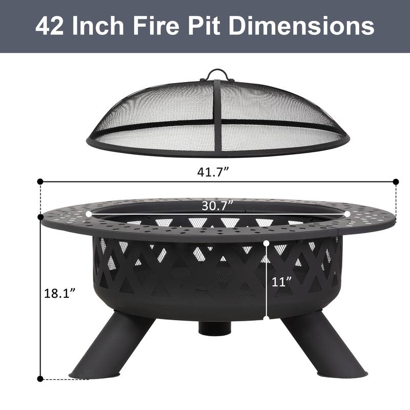 Black Cross Weave Large Round Steel Wood Burning Fire Pit with Spark Screen