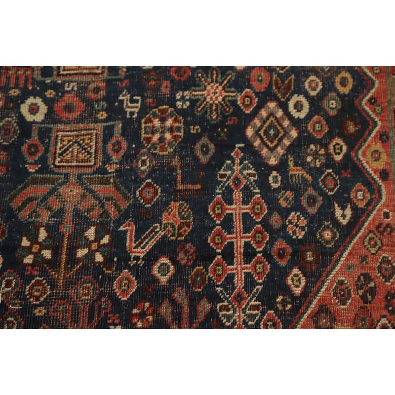 Hand Knotted Oriental 100% Wool Carpet Traditional Tribal Navy Blue & Blues Qashqai Area Rug - 9' 11'' X 7' 3''