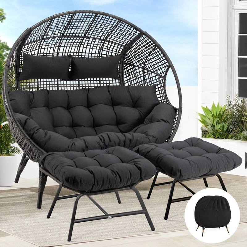 FINCATI Double Egg Chair with 2 Ottomans & Rain Cover, 680-lb Capacity - Dark Grey