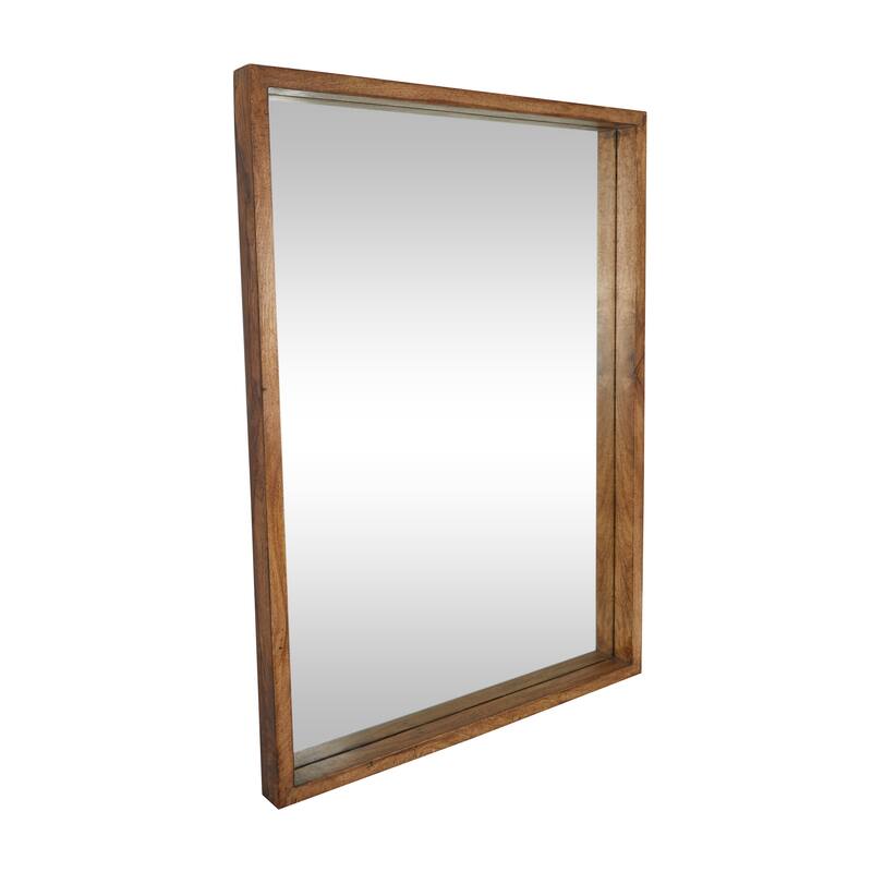 Brown Mango Wood Minimalistic Wall Mirror with Natural Wood Grain and Deep Set Frame