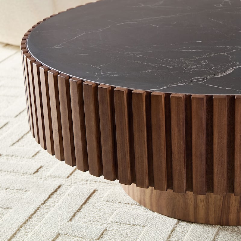 Luxury Round Coffee Table with Faux Marble Top, 35.43" Modern Low Drum Shape Cocktail Table for Living Room, Reception Room