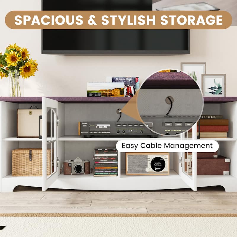 EROMMY Solid Wood TV Stand, Modern Entertainment Center with Glass Doors & Adjustable Shelves.