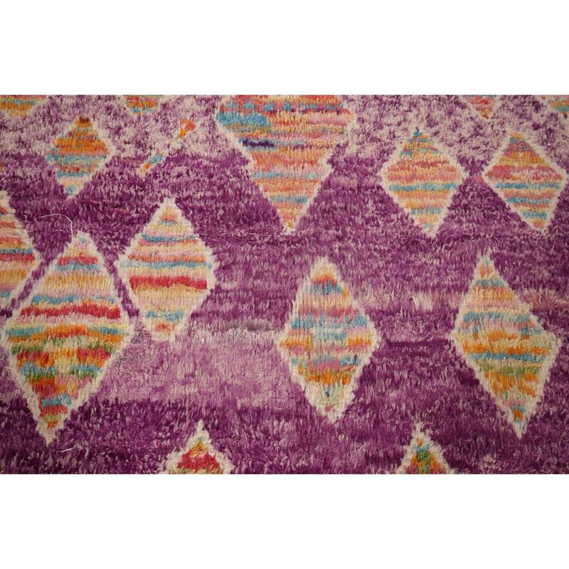 Geometric Purple Moroccan Abstract Area Rug Hand-Knotted Wool Carpet - 5'8"x 10'3"