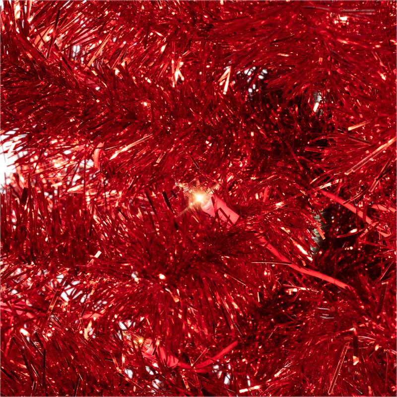Pre-Lit Artificial Tinsel Christmas Tree - 7' - Red - Clear Lights - 7 Foot