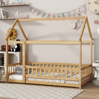 Twin Size Wooden Floor Bed with Roof Frame and Safety Guardrails, Natural