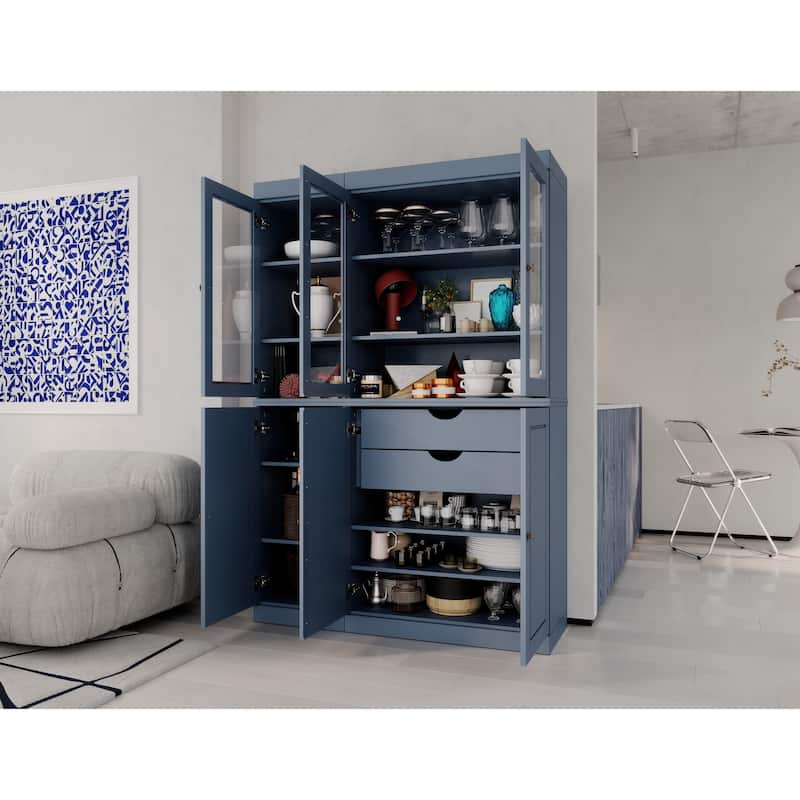 Palace Imports 100% Solid Wood Pantry China Cabinet, Raised Panel & Clear Glass Doors, 2 Drawers, 48.5" Wide, 71.5" Tall - Antique Blue