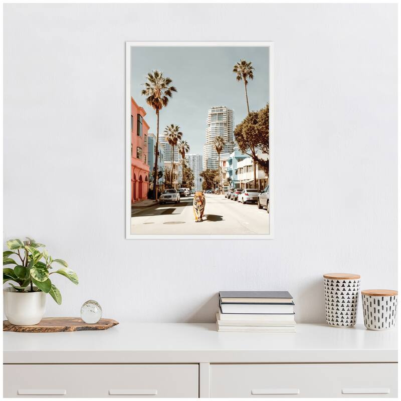 Kate and Laurel Sylvie California Tiger Roaming through Palm Springs Framed Canvas by Michael Schauer