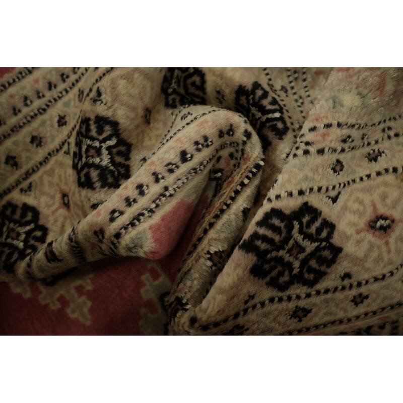 Hand Knotted Oriental 100% Wool Carpet Traditional Geometric Pink Bokhara Runner Rug - 9' 9'' X 2' 8''