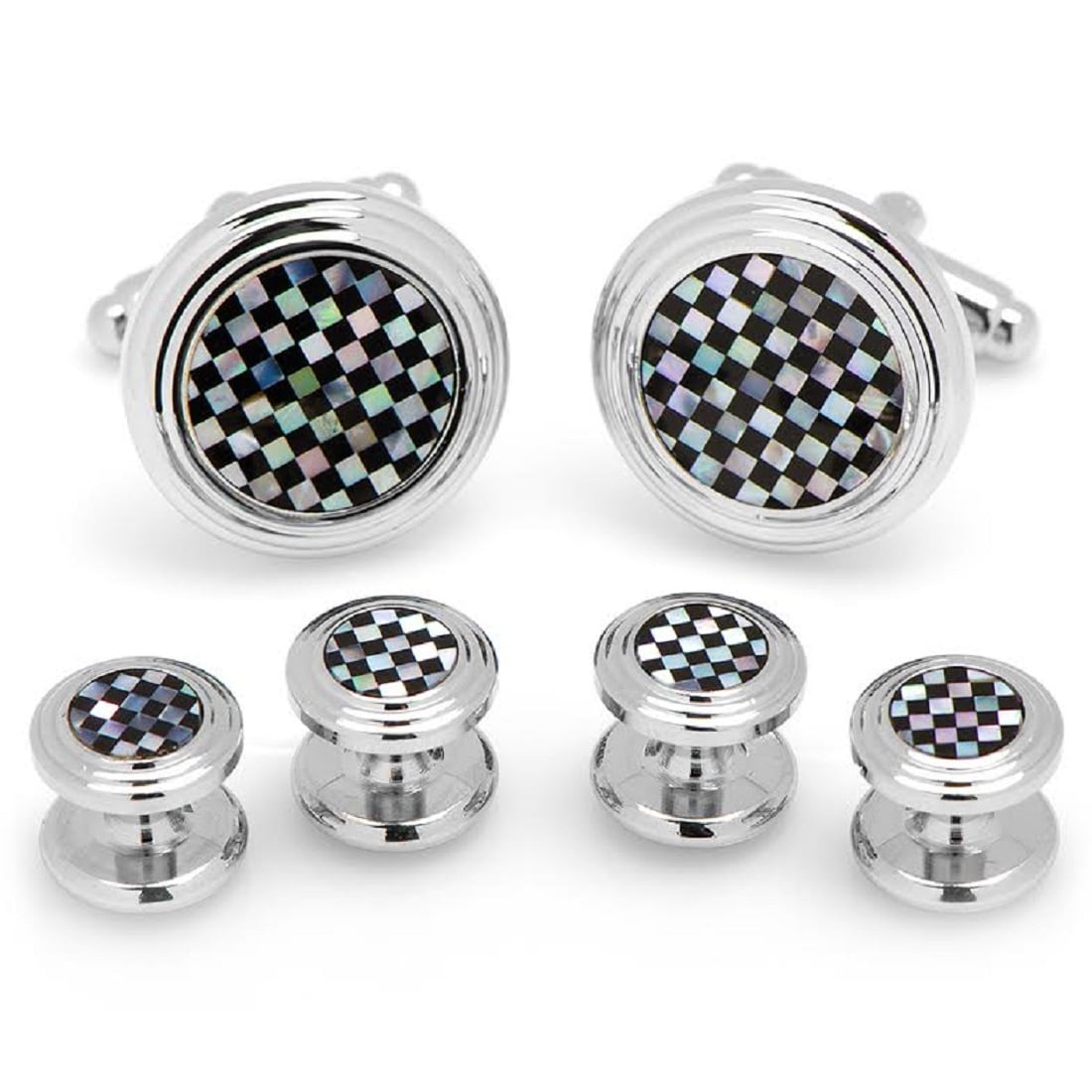 Sterling silver mother of pearl /& onyx striped Cufflinks Shirt Dress Studs Gift Set
