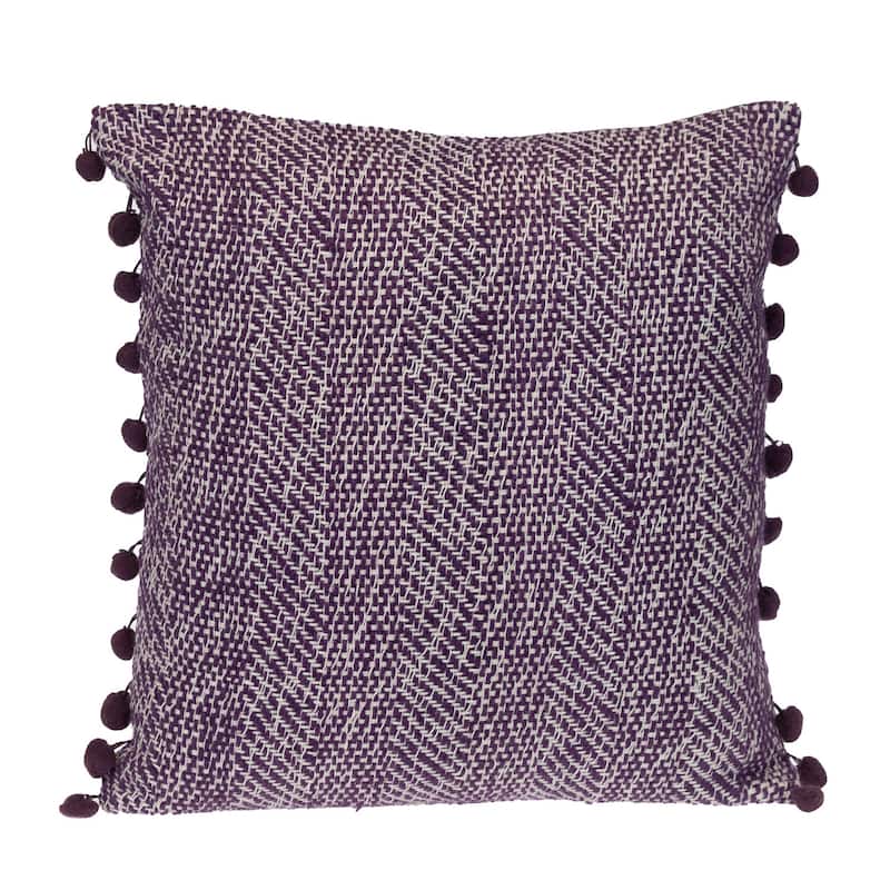 HomeRoots 18" Purple and White Weave Cotton Throw Pillow With Pom Poms