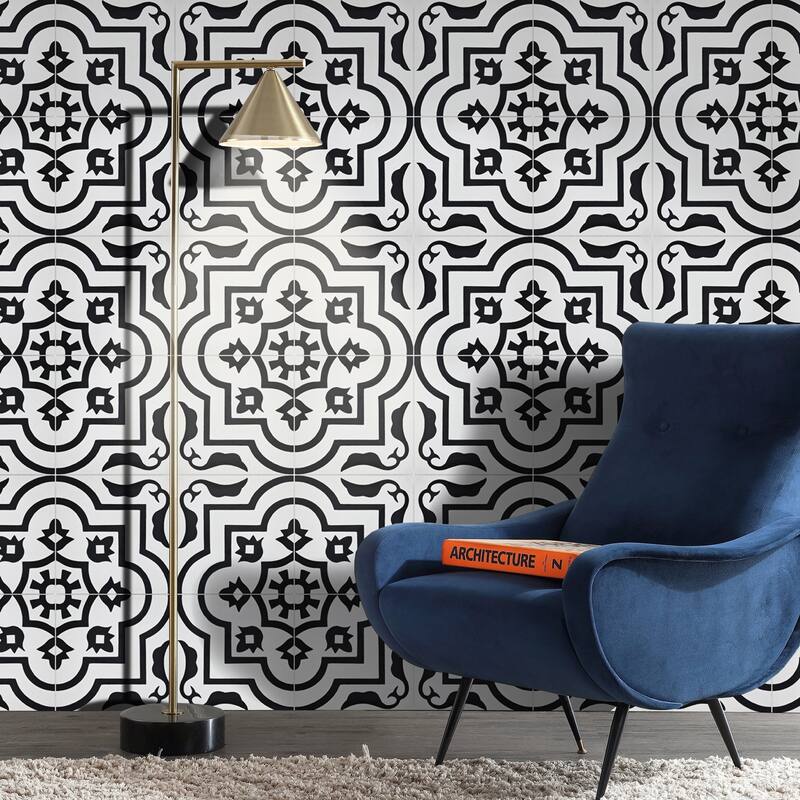 Taza Handmade Cement Tile, 8x8, White/Black