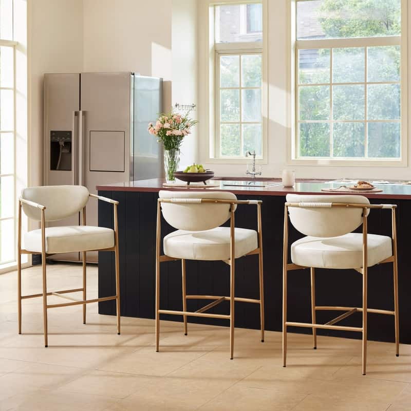 Spruce & Spring Modern Counter Stool with Gold Metal Frame and Woven Strap Arm