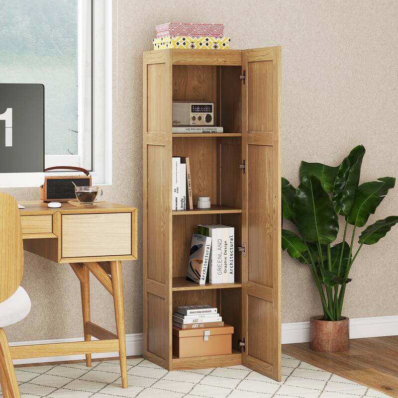 Gymax Tall Storage Cabinet Narrow Farmhouse Freestanding Floor Cabinet