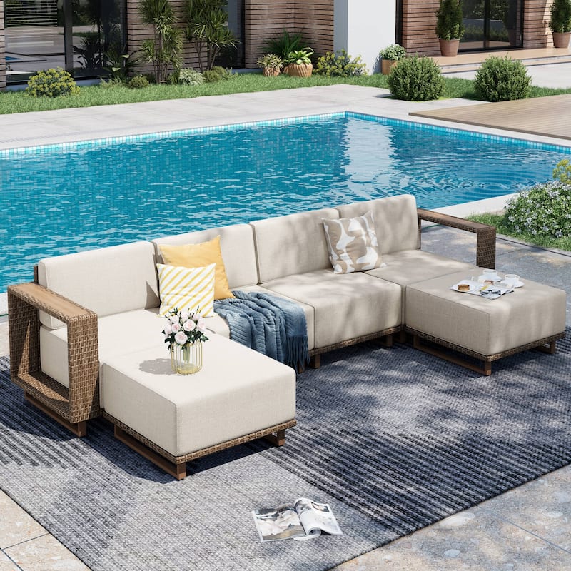MAISON ARTS Modular Rattan Patio Sofa Set, All-Weather PE Wicker 4/6/8-Seat Outdoor Sectional with Thick Cushions -  Durable PE Wicker & Wood-Plastic.|B.