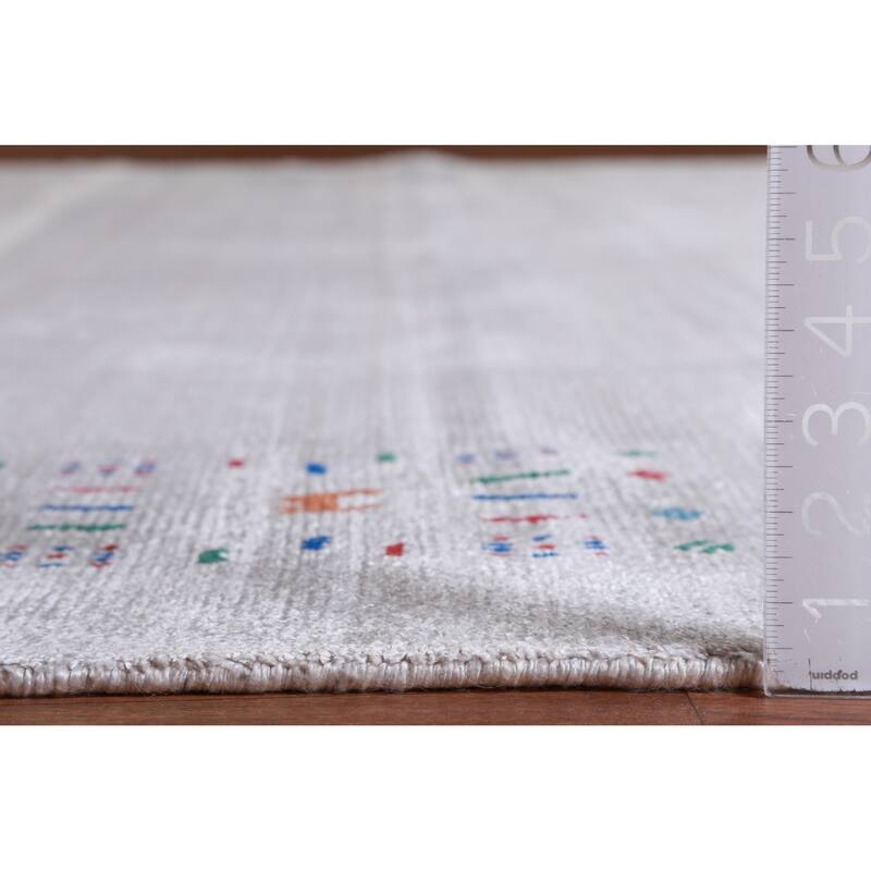 Hand Knotted Oriental Viscose Silk Carpet Tribal Stripe Greys & Charcoal Gabbeh Area Rug - 12' 4'' X 9' 3''