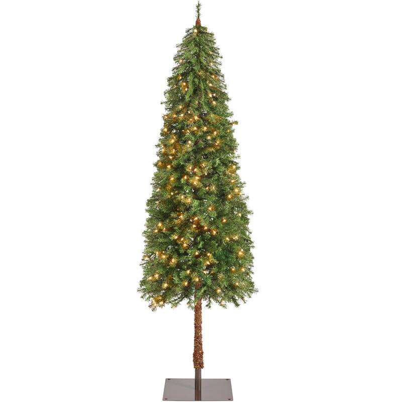 Yaheetech Pre-Lit Slim Pencil Christmas Tree with Metal Stand, Green - 7.5 Foot