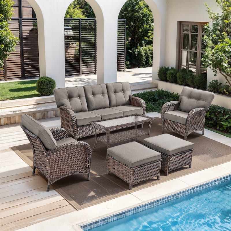 Pocassy Ooutdoor Patio Sofa Funiture Chairs Set - 6 Pieces - Brown Wicker & Gray cushion