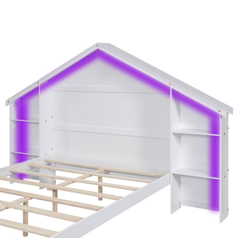Platform Bed with House-Shaped Storage Headboard and Built-In LED
