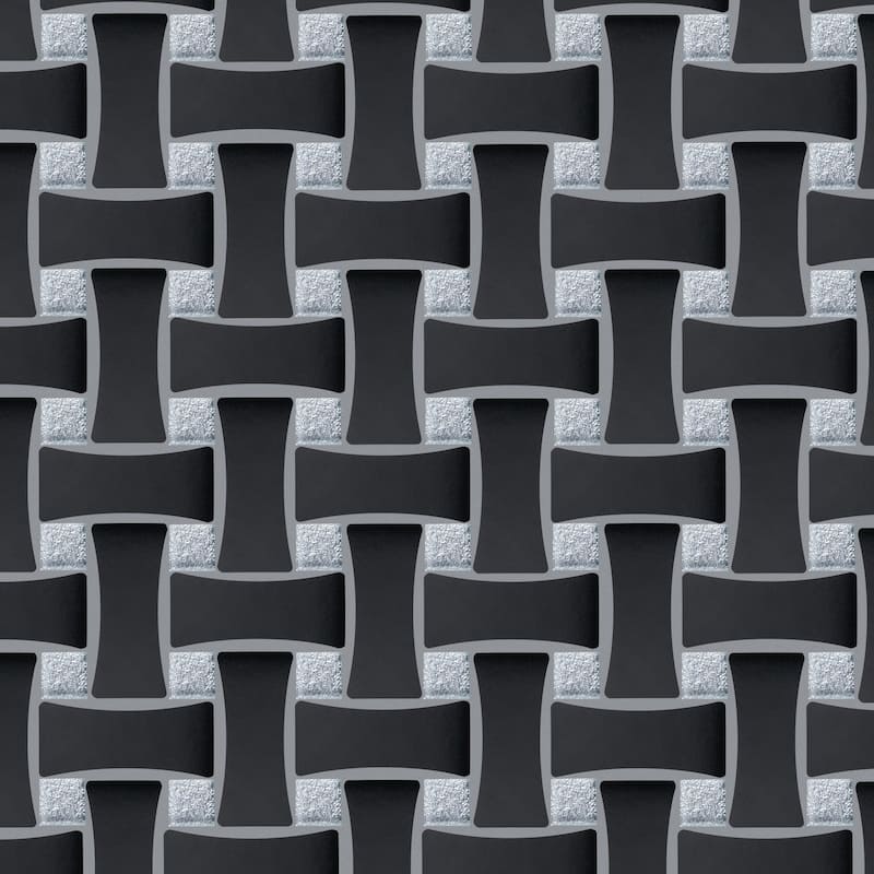 Merola Tile Metro Dog Bone Basketweave Matte Black with Glass Silver Dot 10" x 10" Porcelain Mosaic Wall Tile