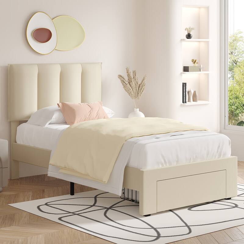 VECELO Set of 2 Kids Bed Frame with Storage Drawer Height Adjustable Upholstered Bed Twin Size Bed