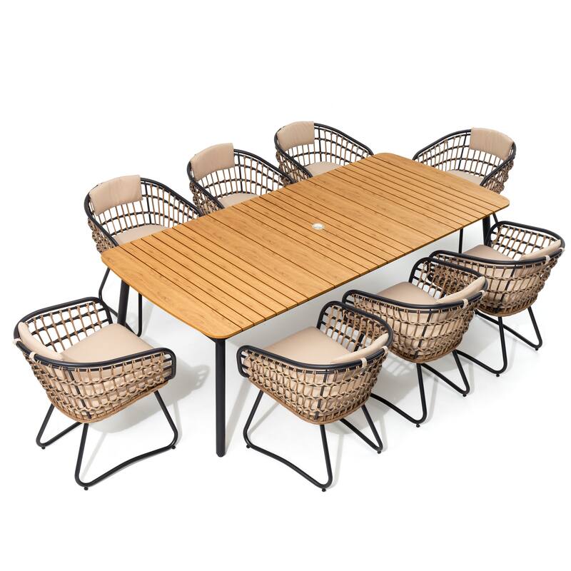 9-PC Outdoor Patio Dining Set Rectangular Aluminum Table with Umbrella Hole with Rattan Chair