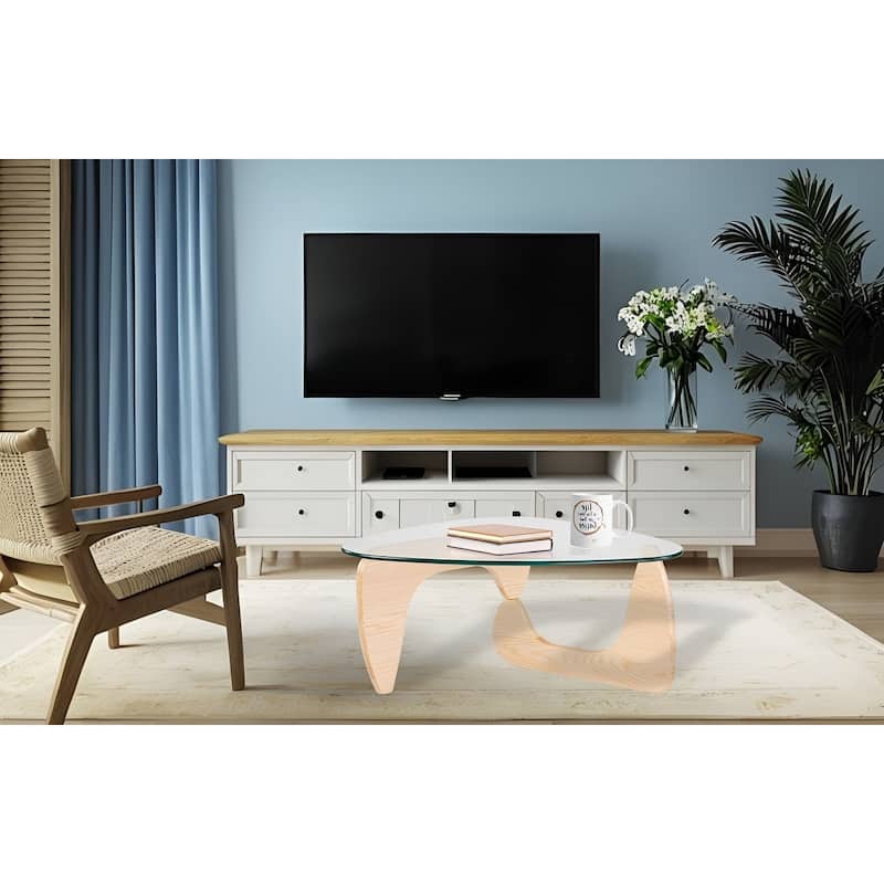 Modern Triangle Clear Glass Coffee Table with Wood Base