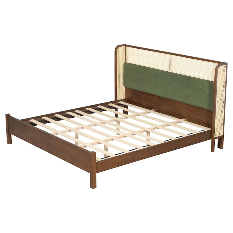 Christopher Knight Home - Mid-Century Upholstered Wood Low-Profile Platform Bed with Rattan Weaving Headboard