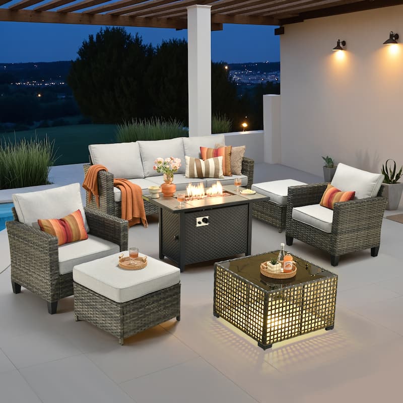 OVIOS 7 Pieces Patio Furniture Set with Solar-Powered Table & Fire Pit - Grey