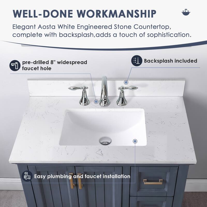 Altair Isla Single Bathroom Vanity Set and Aosta White Countertop without Mirror