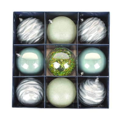 National Tree Company 4 in. Christmas Ball Ornaments, Grey and Green, Set of 9 - 4 in