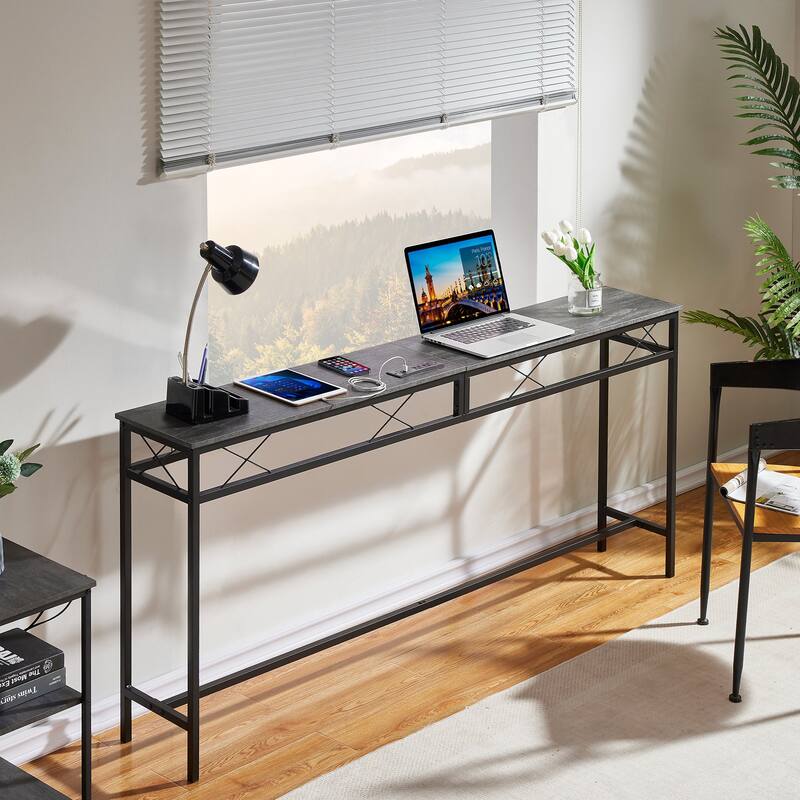 VECELO Industrial Rectangular Wood Console Table with AC Power and USB Charging Ports