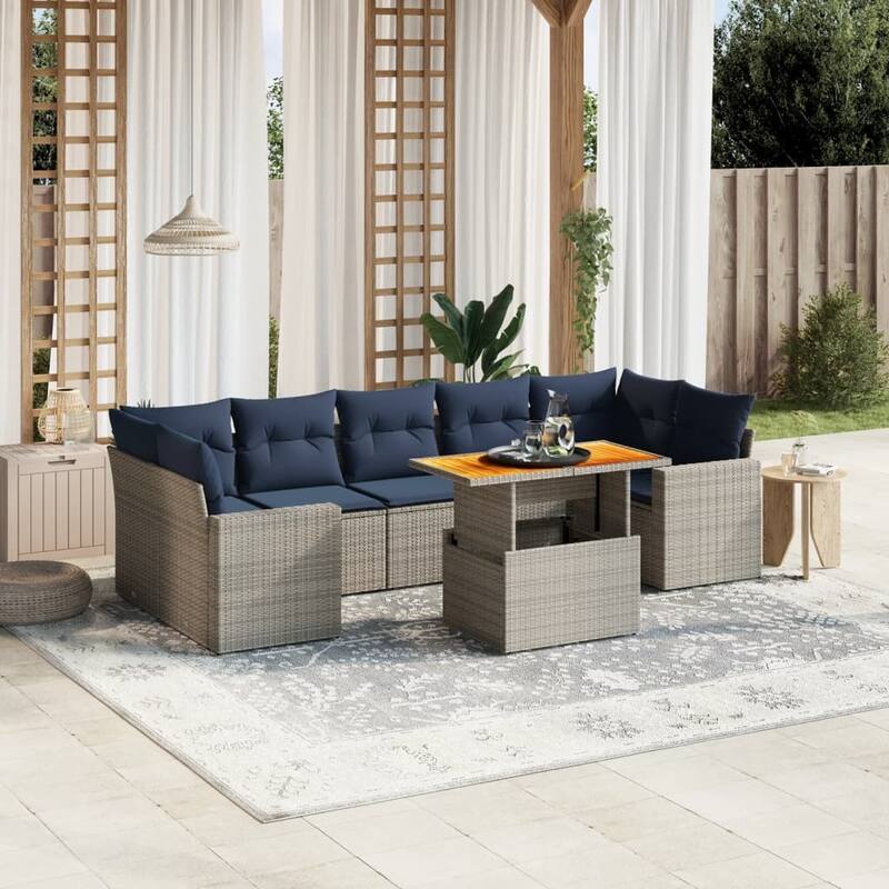 vidaXL Patio Sofa Set with Cushions Outdoor Furniture 8 Piece Poly Rattan - 24.4" x 24.4" x 27.2" - Gray