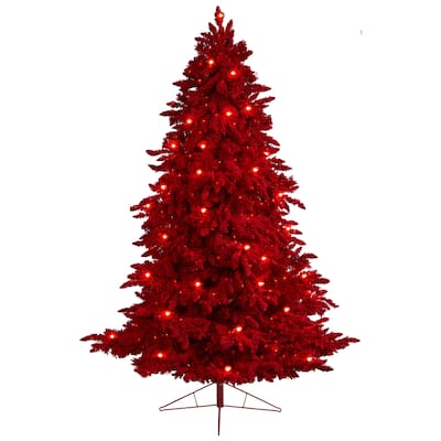8ft. Red Flocked Fir Artificial Christmas Tree with 700 Red Lights, 45 Globe Bulbs & 1468 Branches - Bold X-Mas Statement Tree