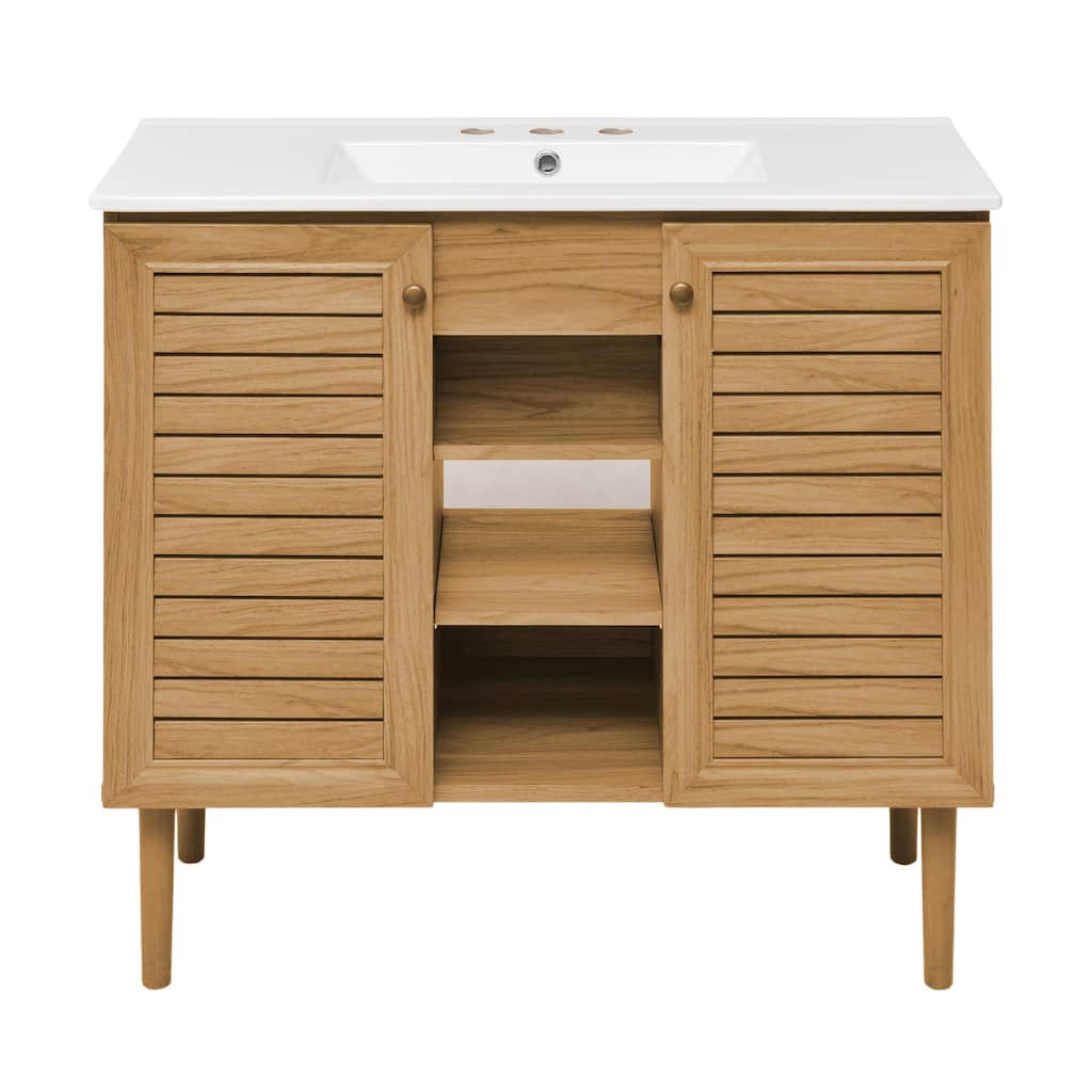 Bron 36 In. Brown Oak Bathroom Vanity With White, 3-Hole Ceramic Sink Top