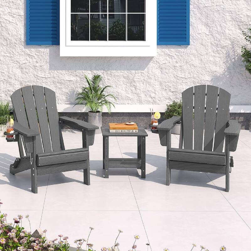 Set of 2 All-Weather HDPE Folding Adirondack Chair For Patios, Decks, Gardens with 1 Table - Grey