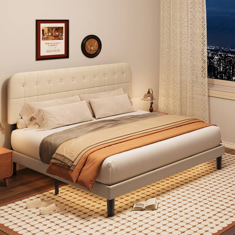 Full / Queen / King Bed Frame with Headboard, Upholstered Platform Bed with Sturdy Wooden Slats