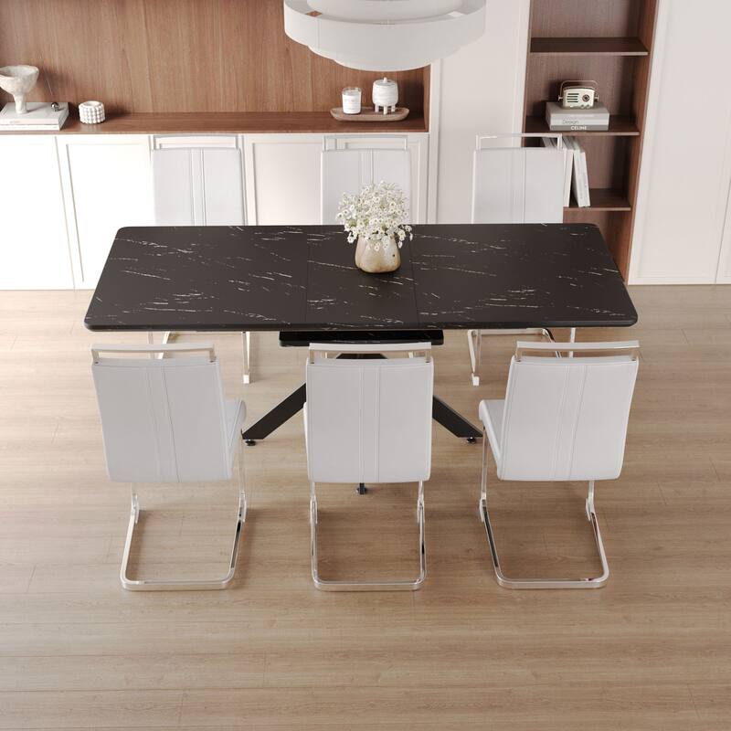 Modern Dining Set with Rectangular Extendable Table & High Back C-shaped Tube Armless Chairs
