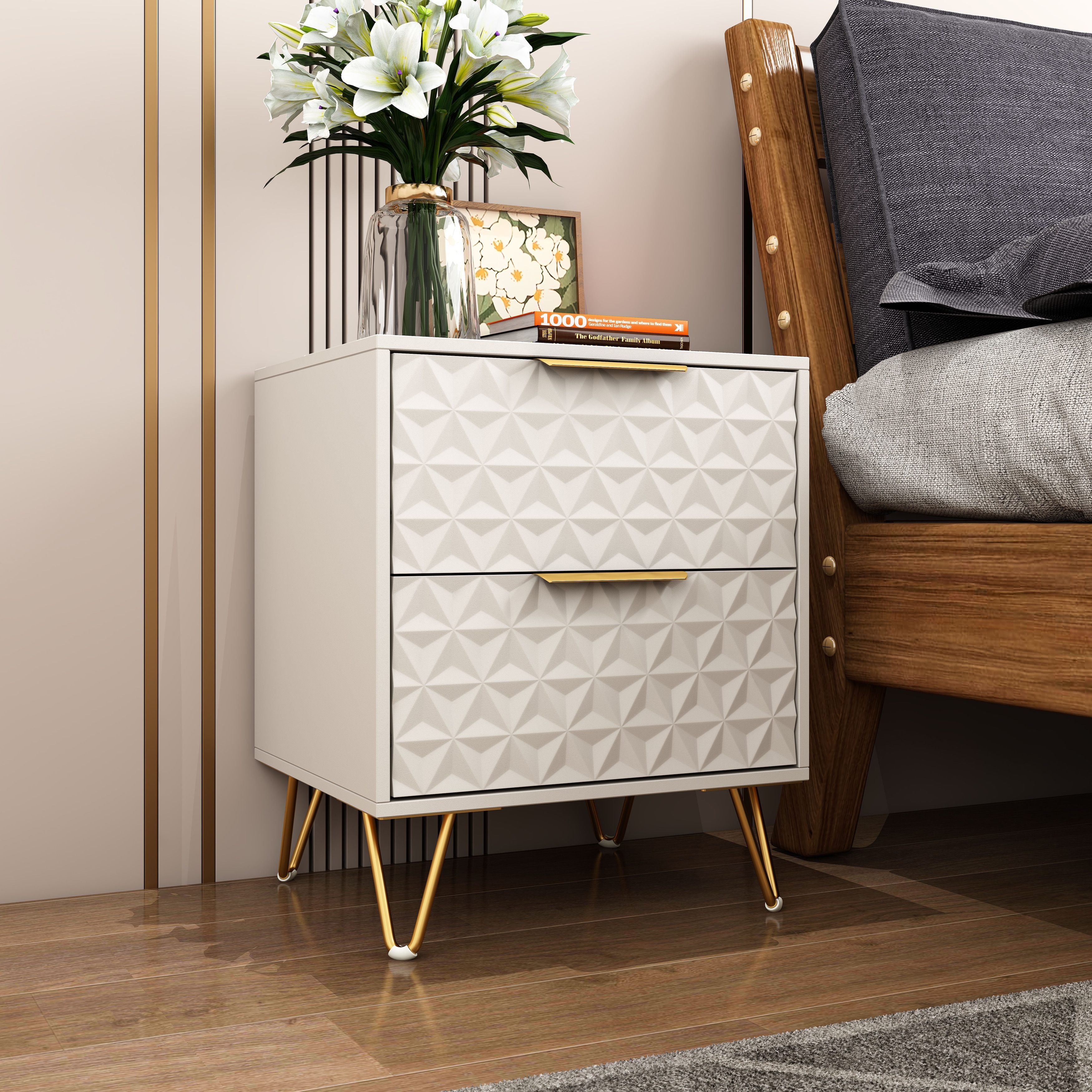 Set of 2 Nightstand with Light-Luxury Wall-Mounted Cabinet: 2 Drawers, Bottom support rail , Gold Legs & Handles, 3D Embossed