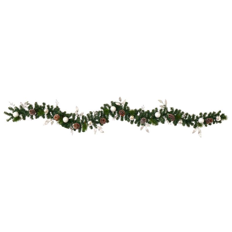 9’ x 10" Ornament and Pinecone Artificial Christmas Garland, Clear LED