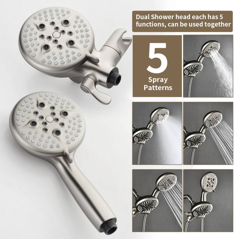 Modland 3-Handle Tub and Shower Faucet Set Dual Head 5-Setting Brass Valve with Alloy Spout