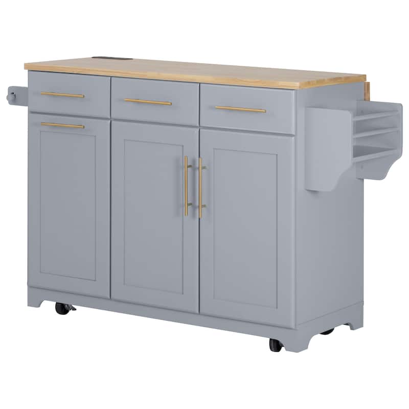 Rolling Kitchen Island Cart with 2 Pull Out Cabinet Organizers, Drop Leaf, Trash Can Storage, Power Outlet, Spice, Towel Rack