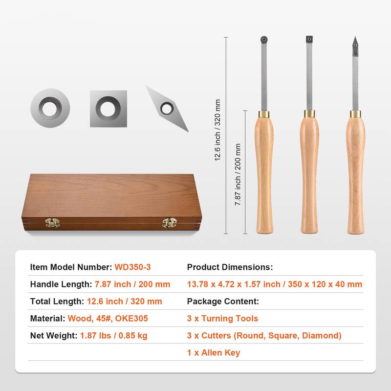 Wood Lathe Chisel Set, 3 PCS Woodworking Turning Tools, Includes Square, Round, Diamond Carbide Blades - 3 PCS