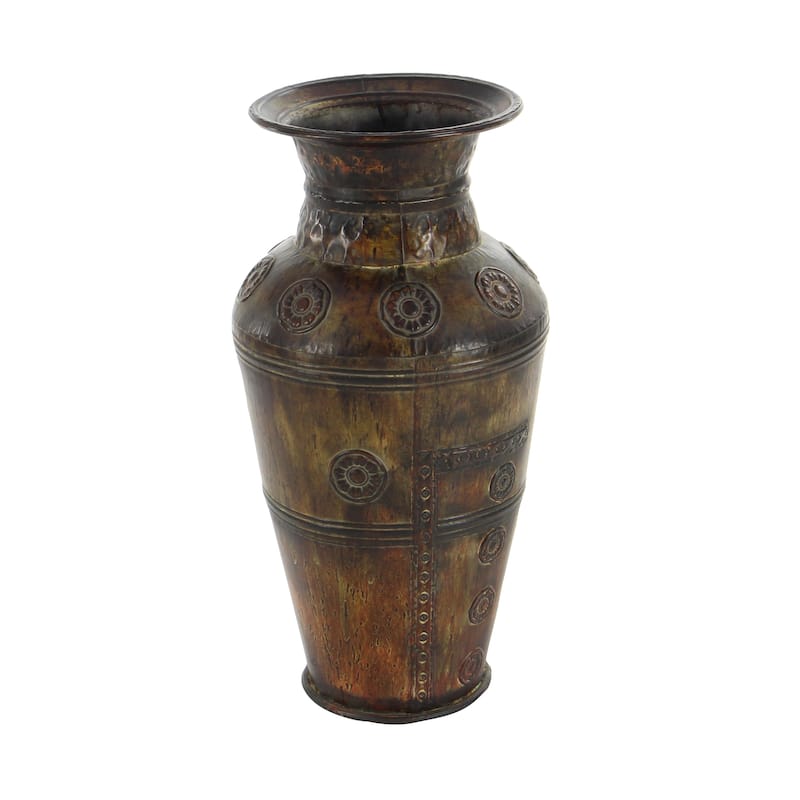 Brown Metal Indoor Outdoor Large Decorative Vase with Floral Relief (Set of 2)