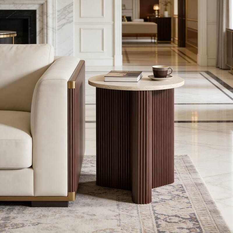 Christopher Knight Home - Arden Modern Marble Pattern Top Solid Side Table with Ribbed Brown Base